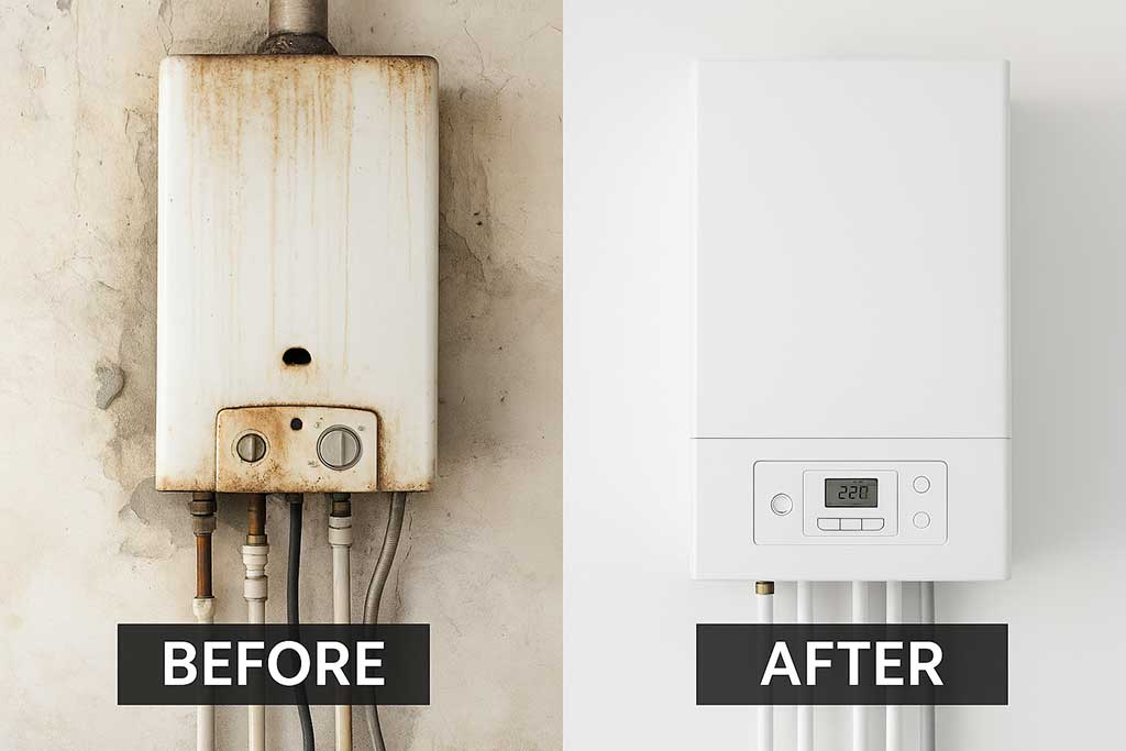 Before and after image of a boiler replacement showing an old, rusted boiler next to a new modern unit installed by Simtec Heating in York.