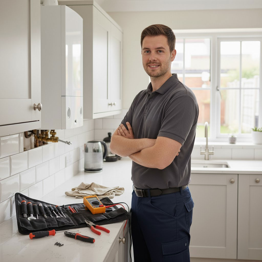 Engineer with boiler controls during routine annual servicing in York