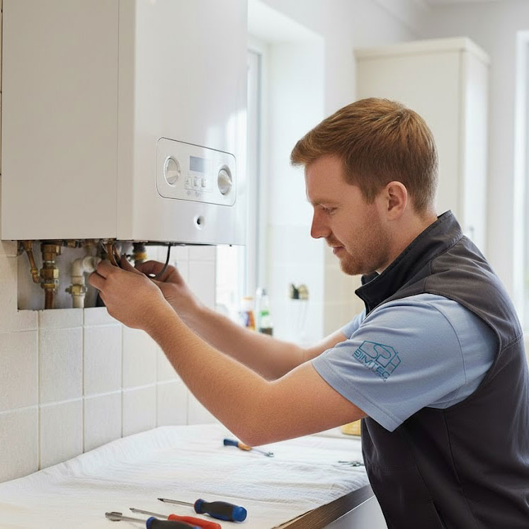 Gas Safe engineer repairing a wall-mounted boiler in a York home