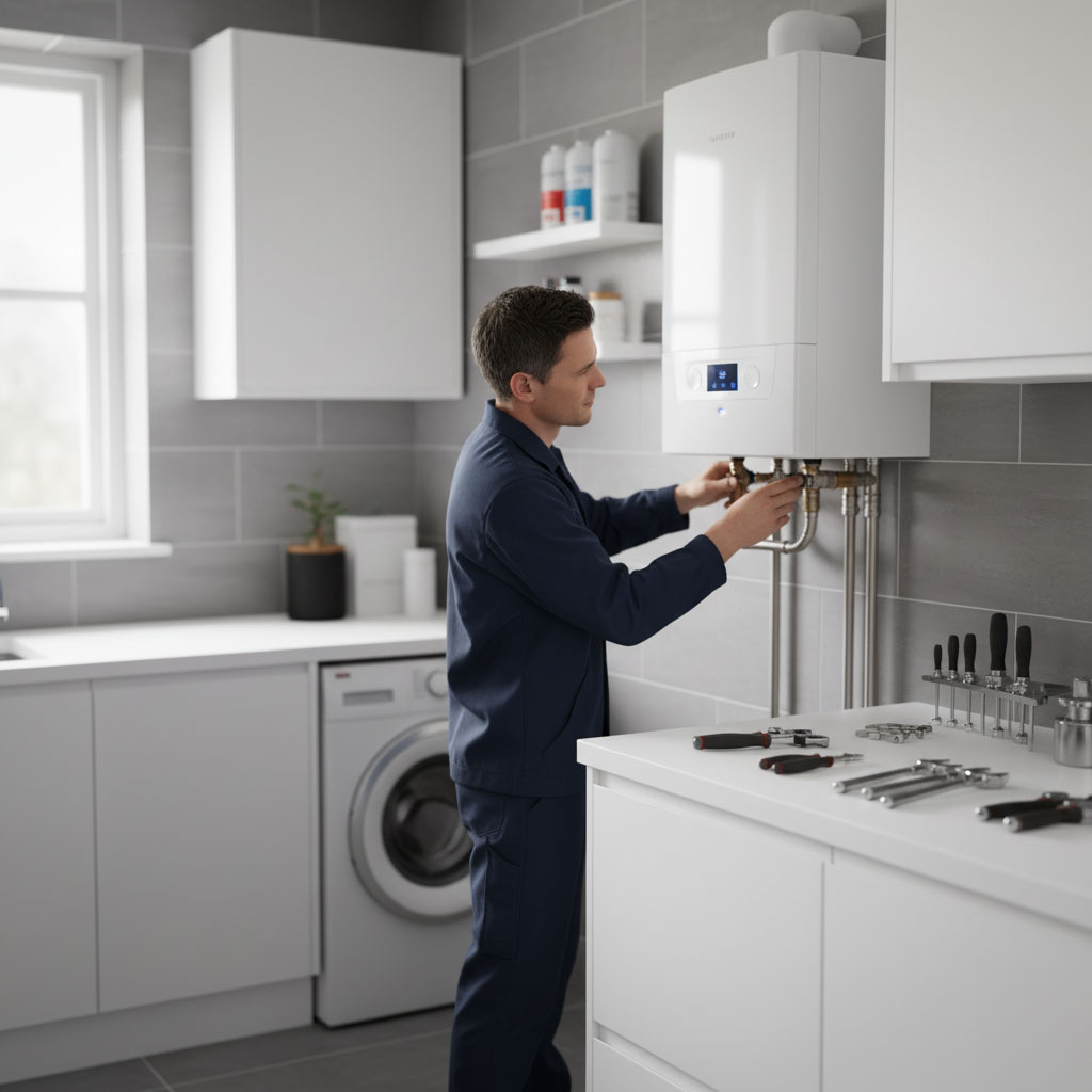 Engineer installing a modern combi boiler in a clean home utility room