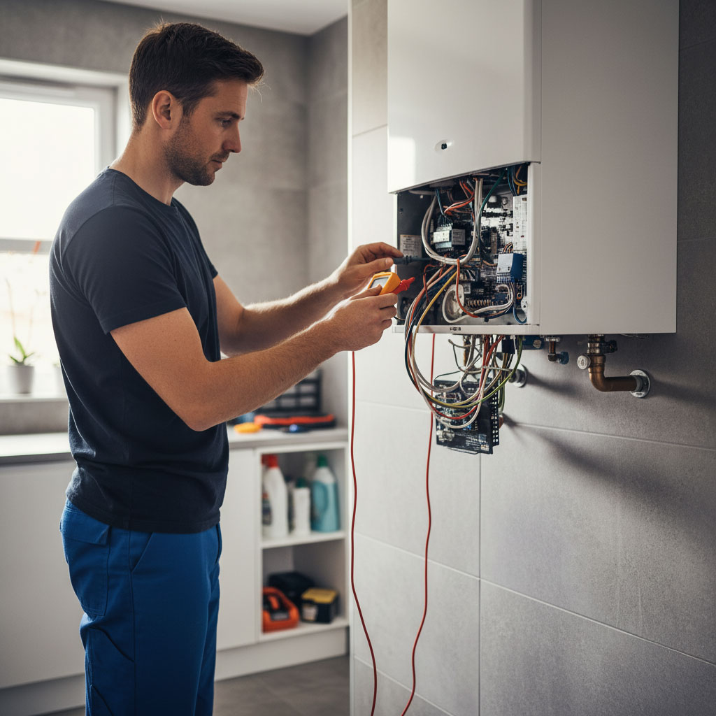 Gas Safe engineer diagnosing and repairing a domestic boiler