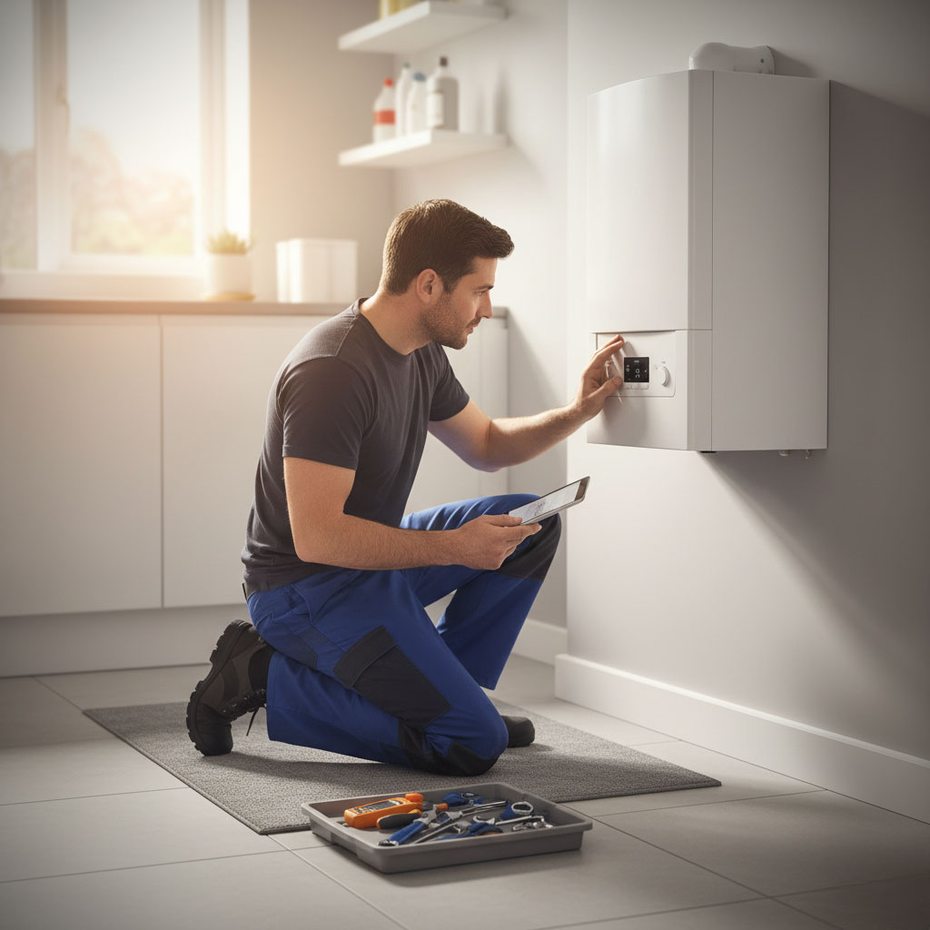 Engineer carrying out annual boiler servicing and safety checks on a modern heating system