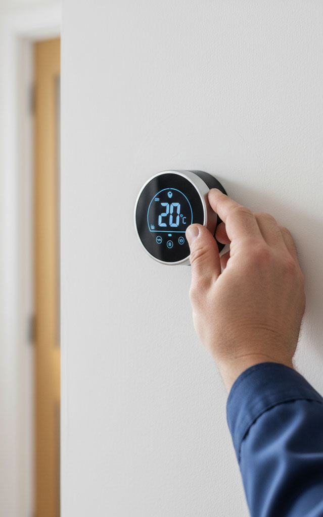Hand adjusting a modern digital thermostat in a warm UK home<br />
