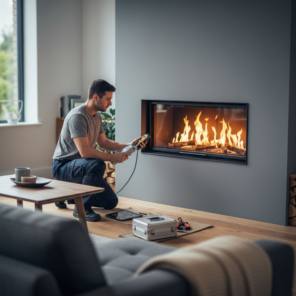 Engineer carrying out safety checks on a modern gas fire installation in a UK home