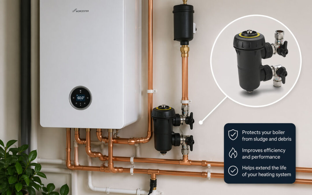 Magnetic filter fitted on pipework during a modern gas boiler installation in York to protect the system from sludge and debris