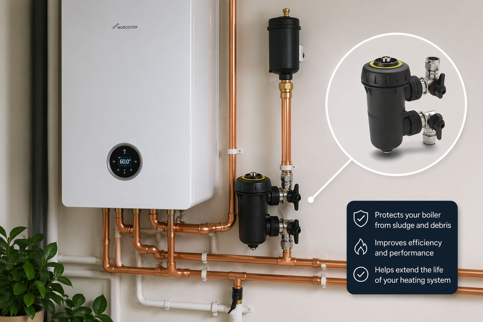 Magnetic filter fitted on pipework during a modern gas boiler installation in York to protect the system from sludge and debris