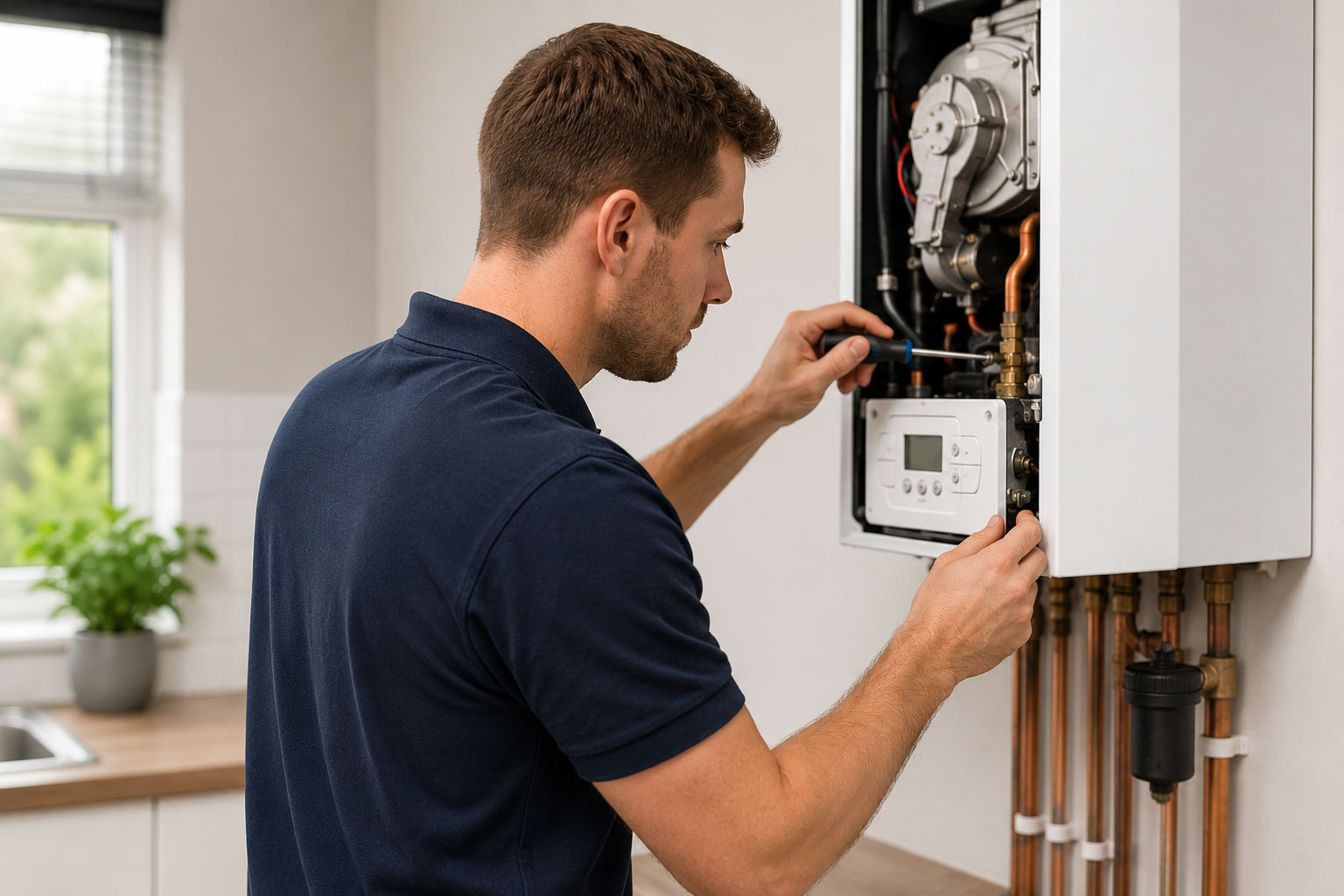 Gas Safe engineer carrying out a boiler service in a modern York home kitchen interior