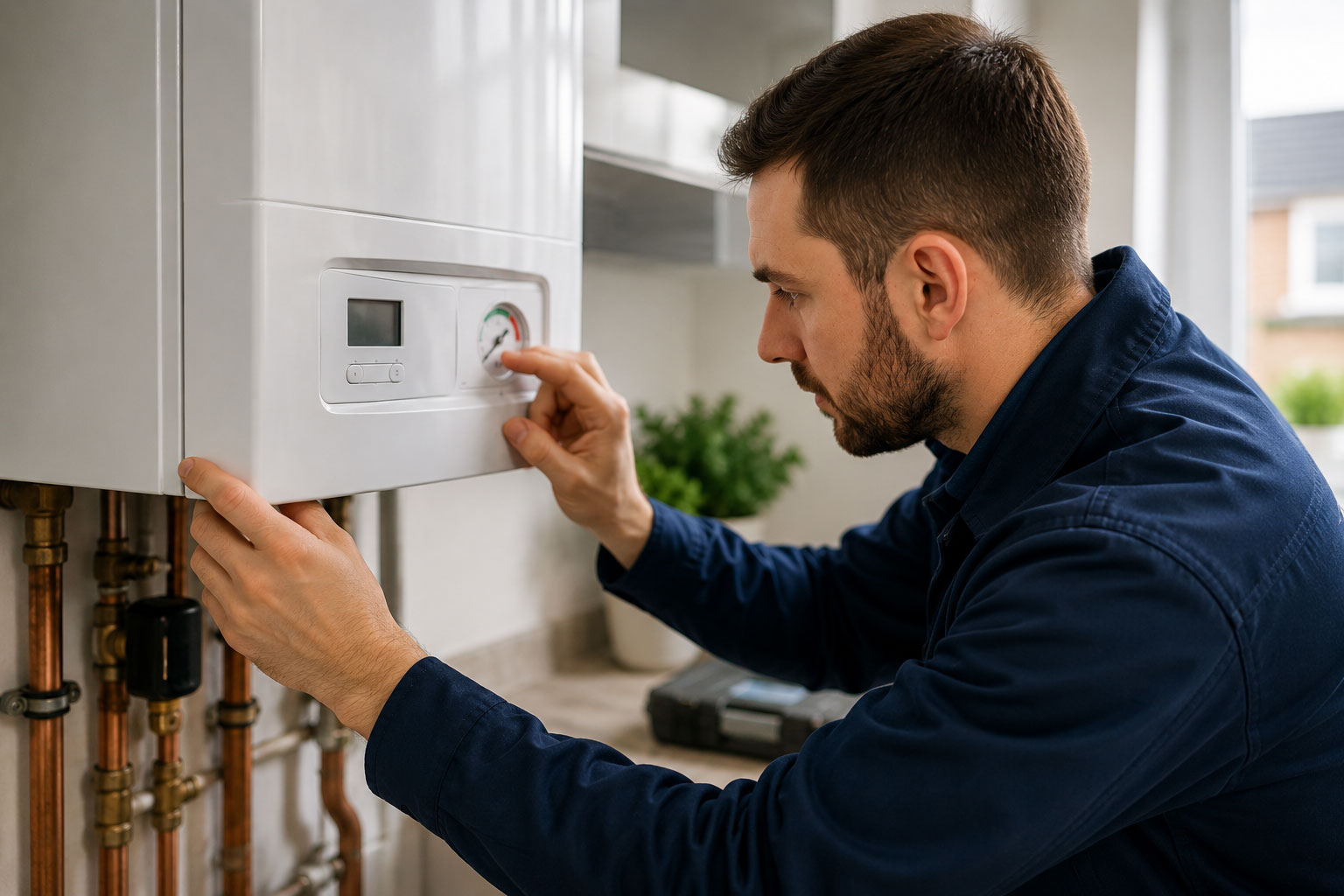 Heating engineer checking a domestic gas boiler with low pressure issue in a York home
