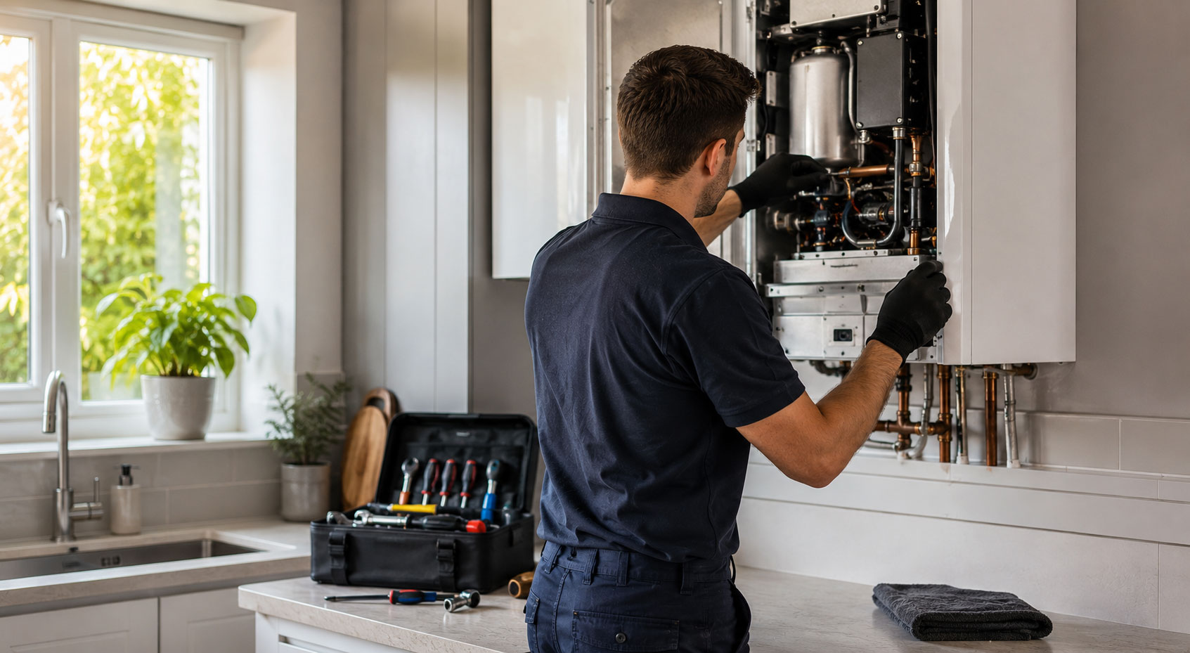 Heating engineer carrying out a gas boiler service in a modern home in York