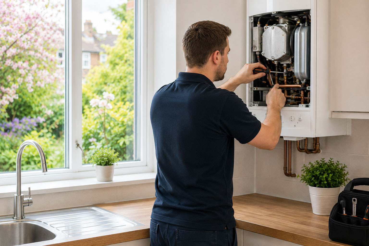 Modern gas boiler being serviced in a bright kitchen during spring in York
