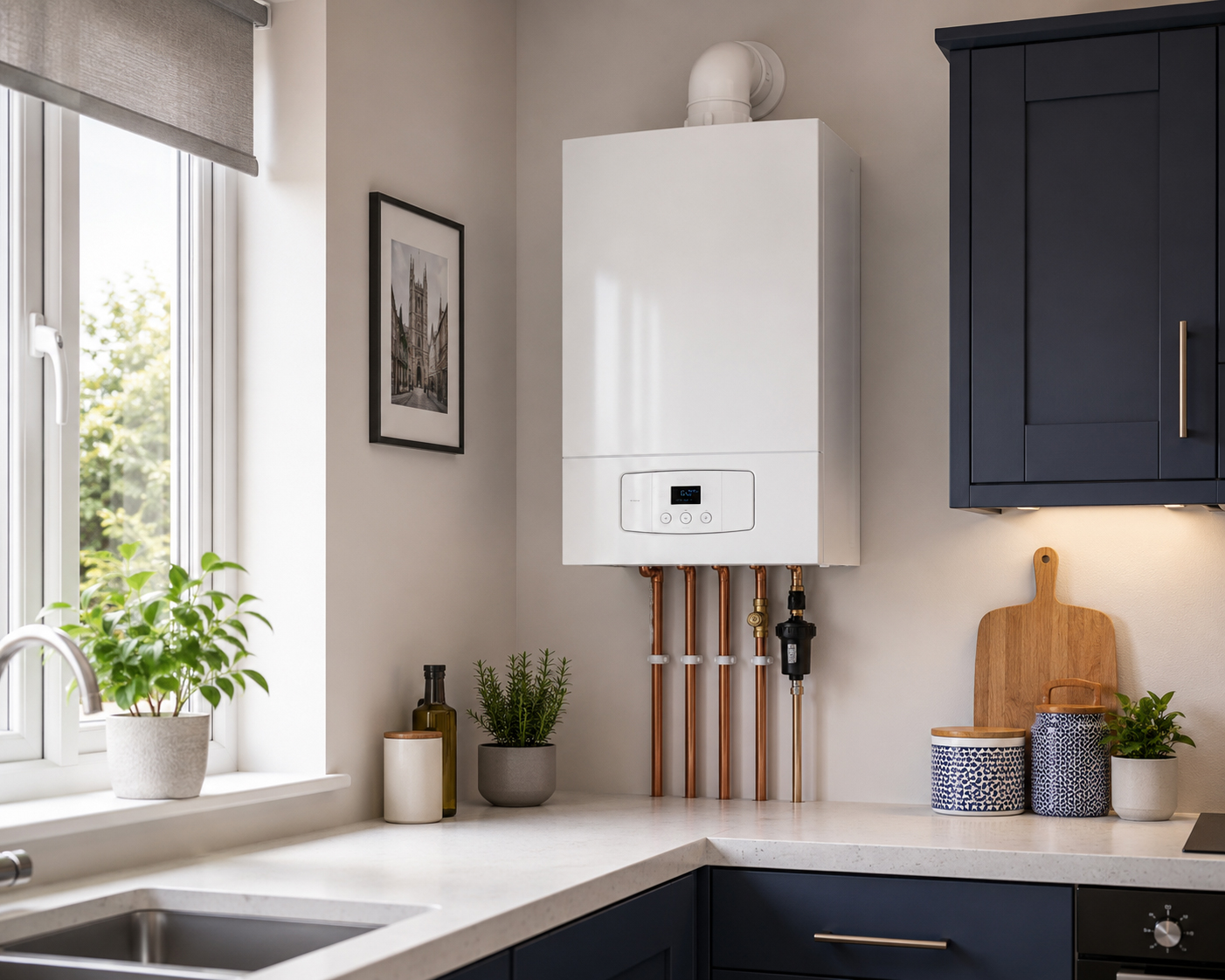 Modern gas boiler installation in a bright contemporary kitchen in York by Simtec Heating