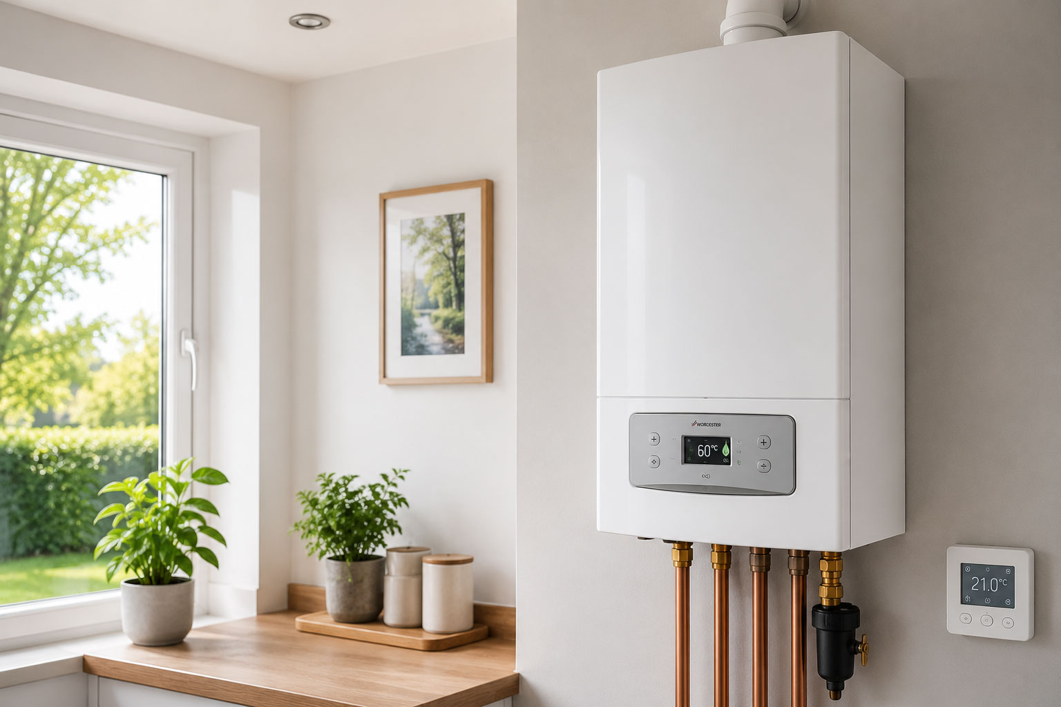 Modern gas boiler installation in a bright contemporary York home during springtime